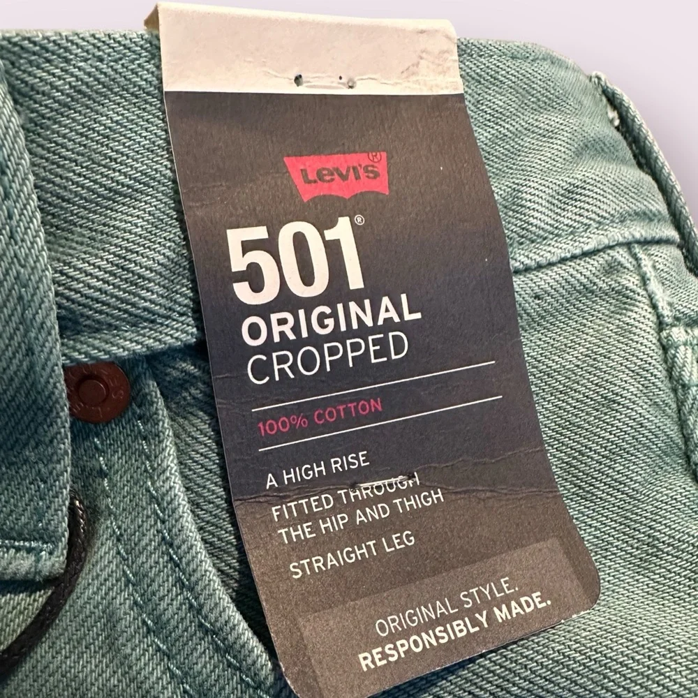Women's 501 Green Levi's Jeans Original Cropped High Rise Straight Leg - Picture 5 of 10